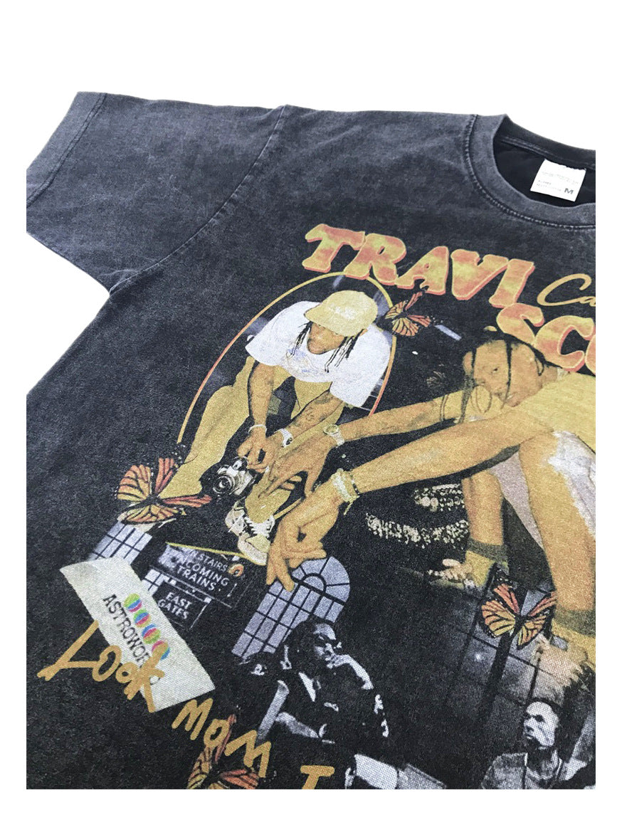 SZ-7083-Travis Scott 印花美式街頭長袖短袖水洗做舊T