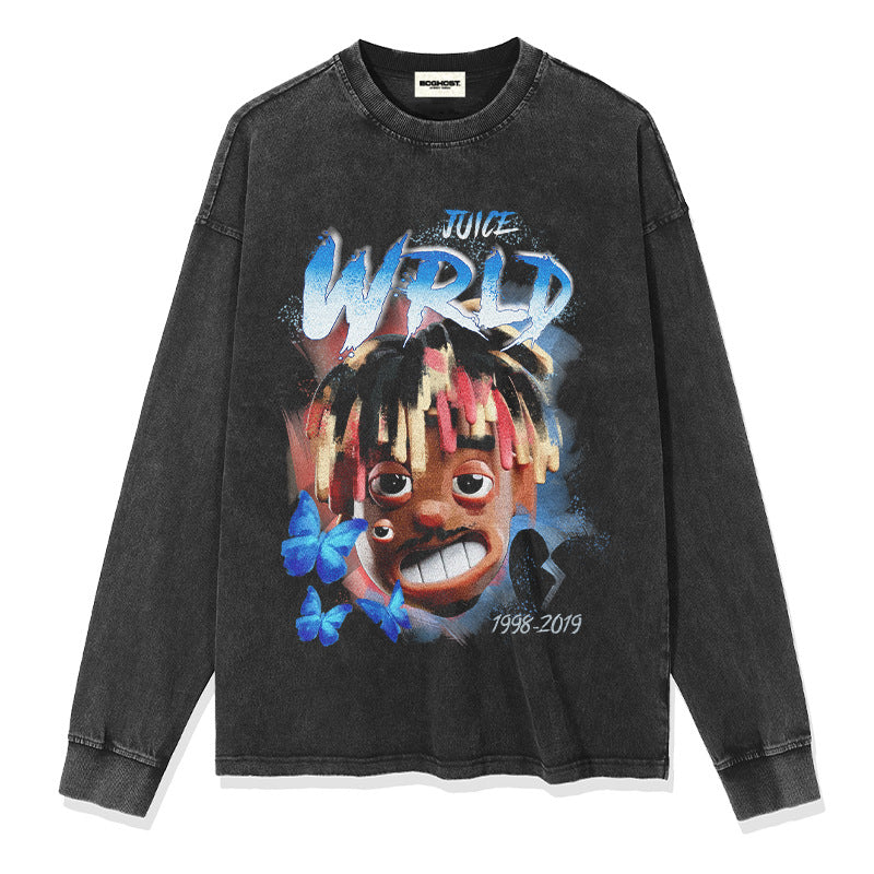 SZ-7088-Juice Wrld印花美式嘻哈街頭長袖短袖復古水洗做舊潮牌T恤