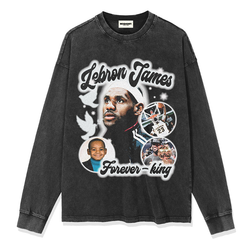 SZ-6265-LeBron James美式街頭印花長袖短袖T恤復古水洗籃球上衣