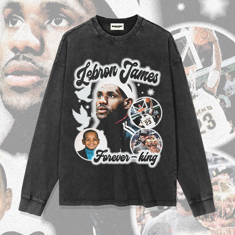 SZ-6265-LeBron James美式街頭印花長袖短袖T恤復古水洗籃球上衣